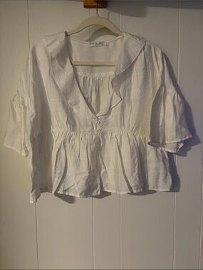 Eyelet-Collar White Peplum Button Blouse